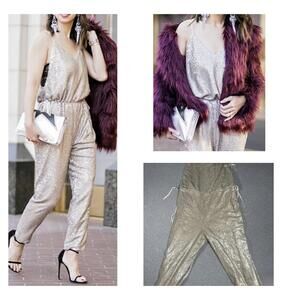 Free People Champagne Silver Womans Small Sequin Pant Jumpsuit RN 66170 WideLeg